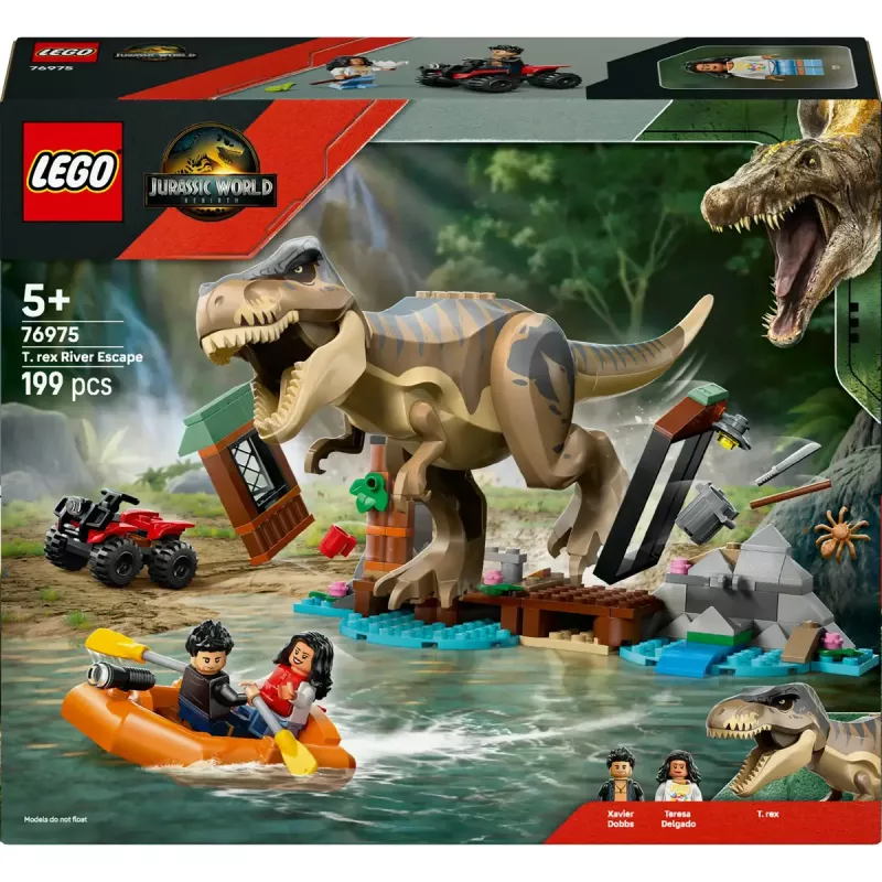 LEGO zestaw z dinozaurem T. rex River Escape 76975 — 199 elementów, 2 minifigurki, wiek 5+