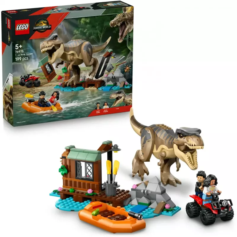 LEGO zestaw z dinozaurem T. rex River Escape 76975 — 199 elementów, 2 minifigurki, wiek 5+