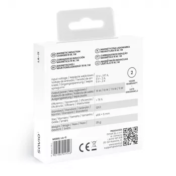 Bezprzewodowa ładowarka wewnętrzna do telefonów SAVIO LA-11, Qi 1.2, 15 W, biała, 55×55×5 mm