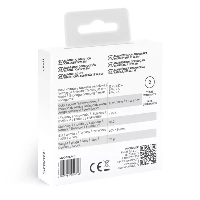 Bezprzewodowa ładowarka wewnętrzna do telefonów SAVIO LA-11, Qi 1.2, 15 W, biała, 55×55×5 mm