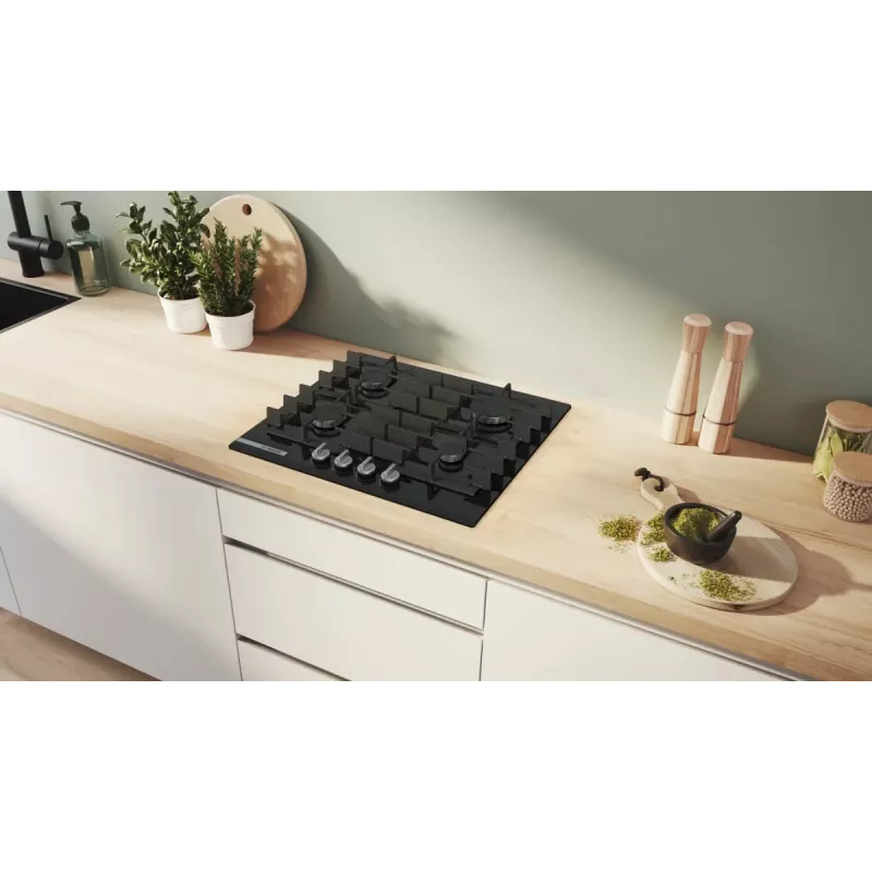 Wbudowana płyta gazowa Bosch PRP6A6H40 — 60 cm, czarna, 4 palniki, przednie pokrętła