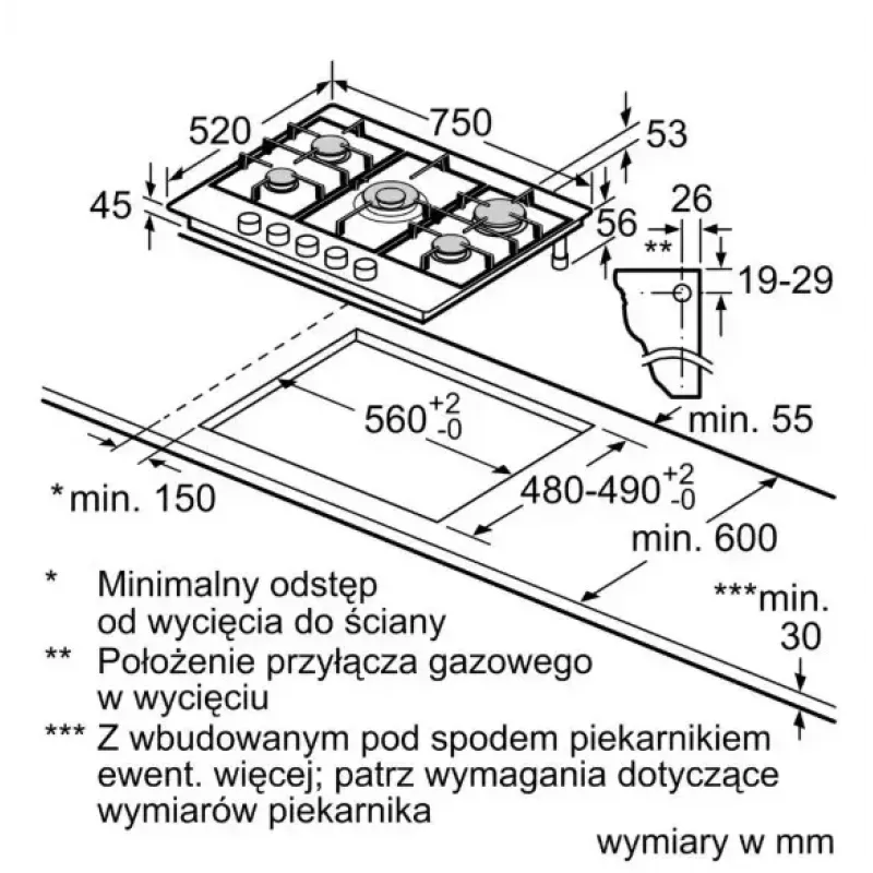 Bosch Serie 6 PCQ7A5I90 płyta grzewcza Stal nierdzewna Do zabudowy 75 cm Gaz 5 strefa(y)