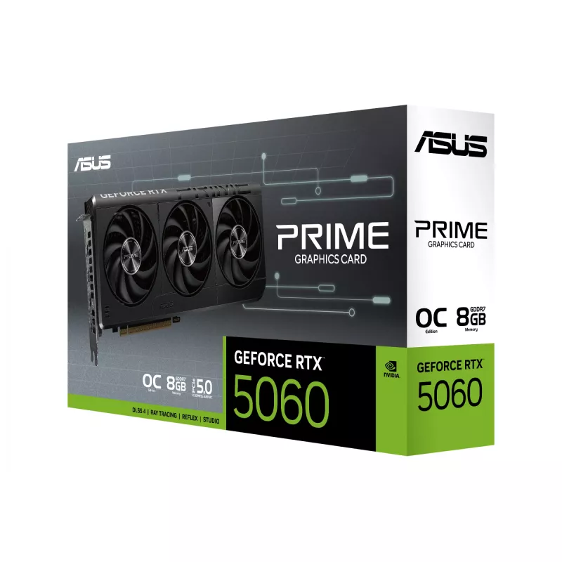 Karta graficzna ASUS GeForce RTX 5060 — 8 GB GDDR7, 128-bit, PCIe 5.0, 3x DisplayPort 2.1b + 1x HDMI 2.1b, 2595 MHz OC, 3 wentylatory, 268,3 mm