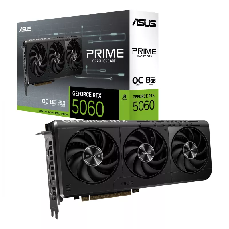 Karta graficzna ASUS GeForce RTX 5060 — 8 GB GDDR7, 128-bit, PCIe 5.0, 3x DisplayPort 2.1b + 1x HDMI 2.1b, 2595 MHz OC, 3 wentylatory, 268,3 mm