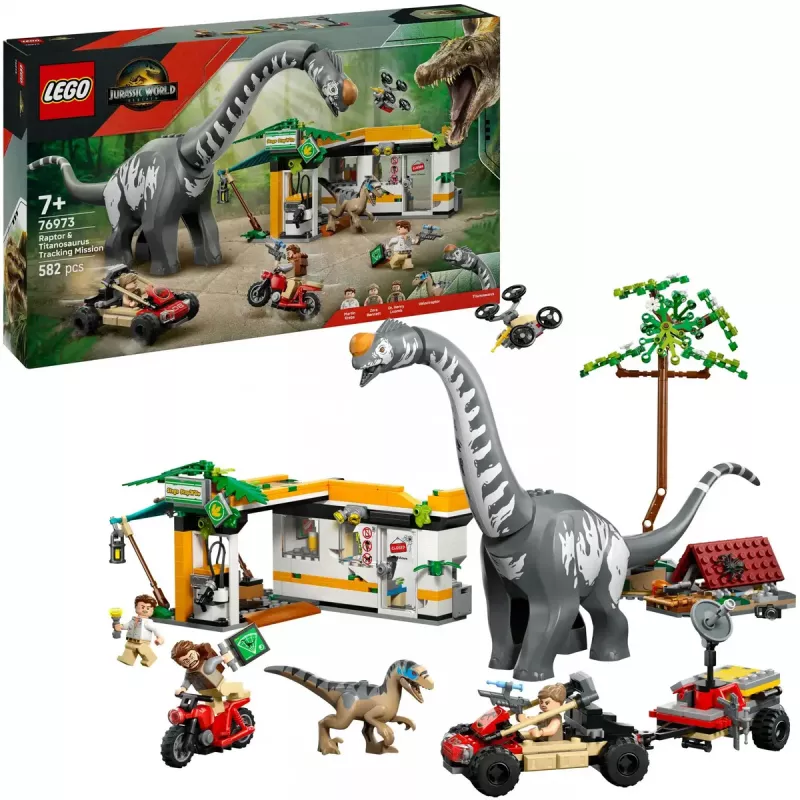 LEGO Jurassic World zestaw 76973 — Raptor i Tytanozaur z 3 figurkami, 582 elementy, wiek 7+