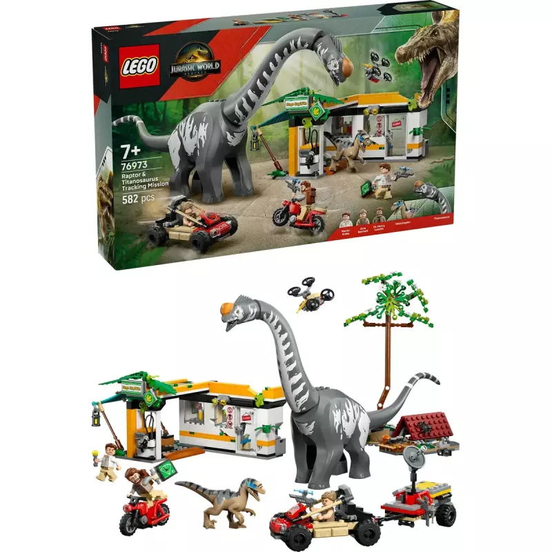 LEGO Jurassic World zestaw 76973 — Raptor i Tytanozaur z 3 figurkami, 582 elementy, wiek 7+