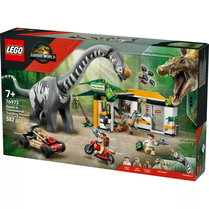 LEGO Jurassic World zestaw 76973 — Raptor i Tytanozaur z 3 figurkami, 582 elementy, wiek 7+