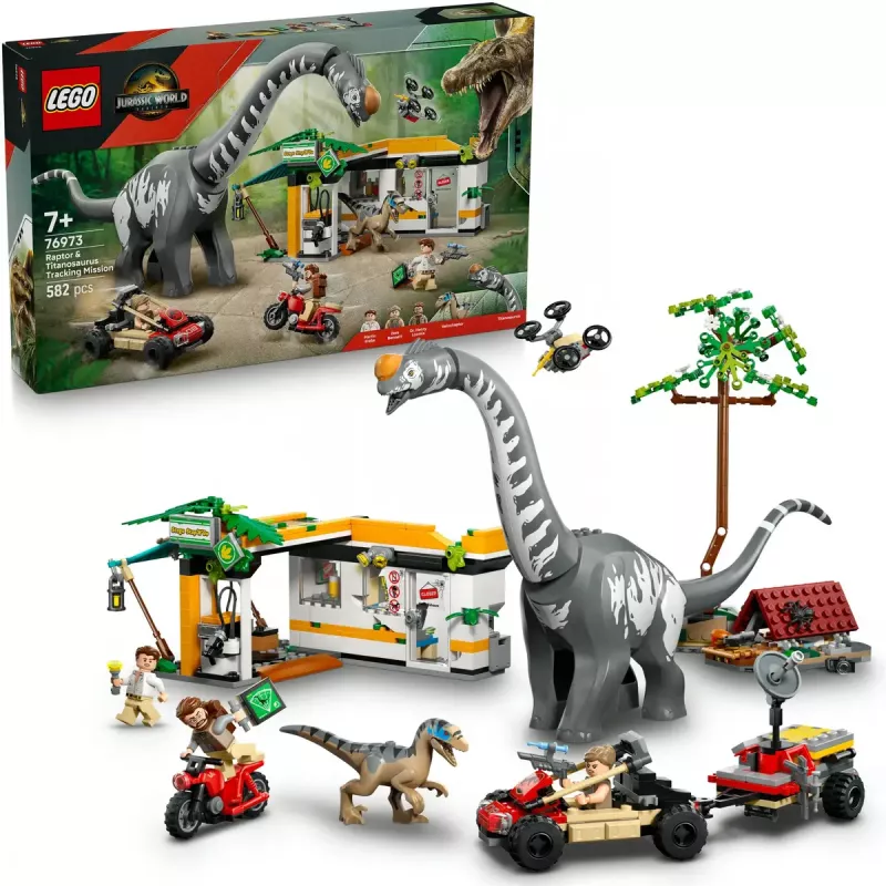LEGO Jurassic World zestaw 76973 — Raptor i Tytanozaur z 3 figurkami, 582 elementy, wiek 7+