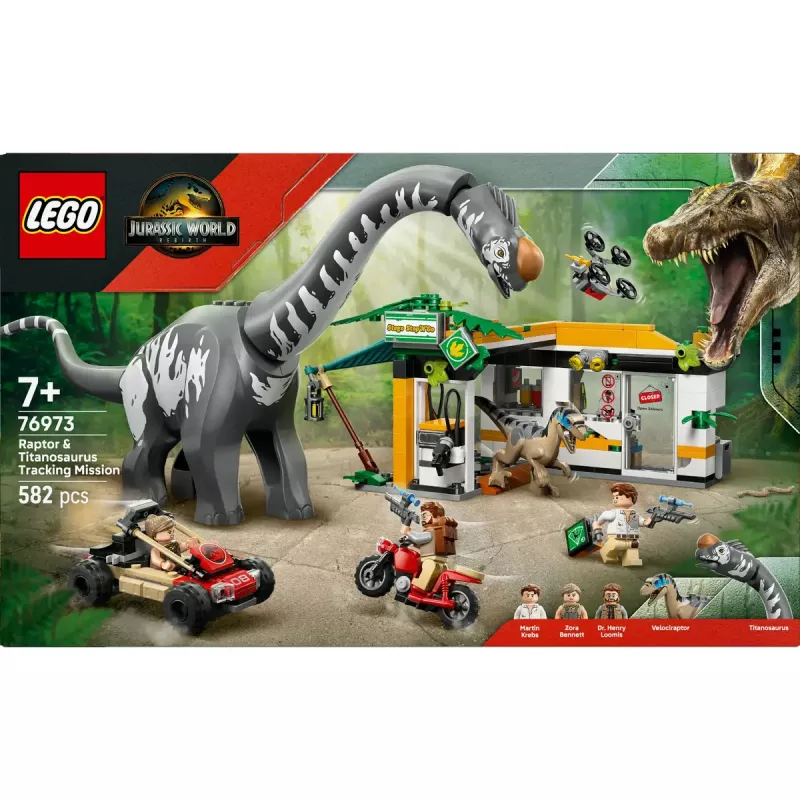 LEGO Jurassic World zestaw 76973 — Raptor i Tytanozaur z 3 figurkami, 582 elementy, wiek 7+