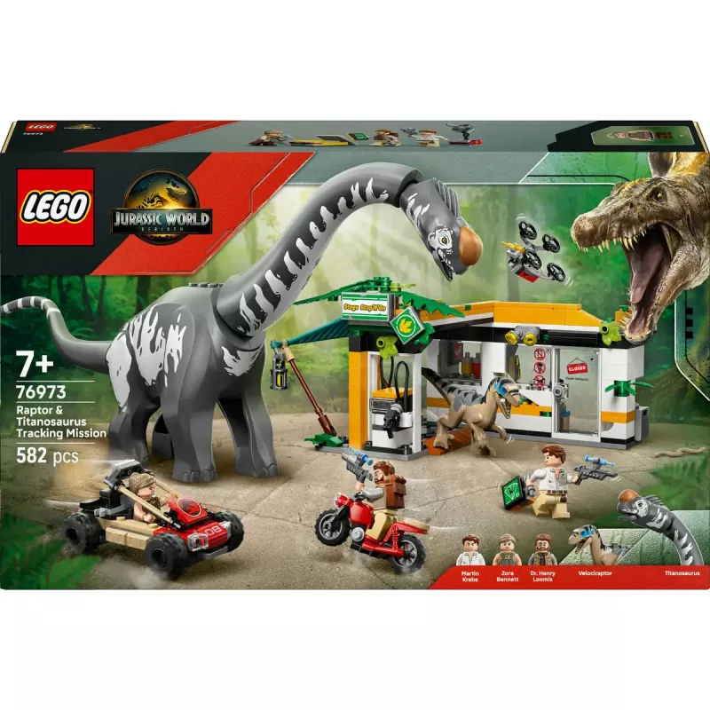 LEGO Jurassic World zestaw 76973 — Raptor i Tytanozaur z 3 figurkami, 582 elementy, wiek 7+
