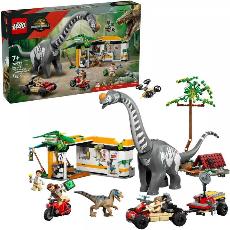 LEGO Jurassic World zestaw 76973 — Raptor i Tytanozaur z 3 figurkami, 582 elementy, wiek 7+