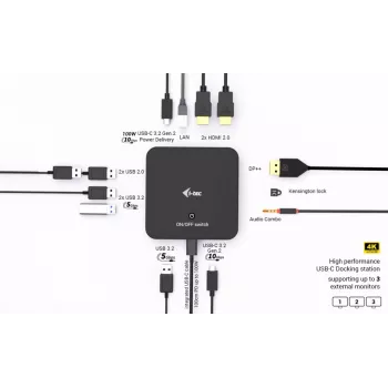 Stacja dokująca i-tec USB-C DP Dual HDMI z zasilaniem Power Delivery 100 W + ładowarka uniwersalna 100 W