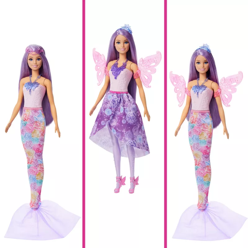 Zestaw modowy Barbie Fantasy z akcesoriami, w tym syrenim ogonem, skrzydłami wróżki i naszyjnikami