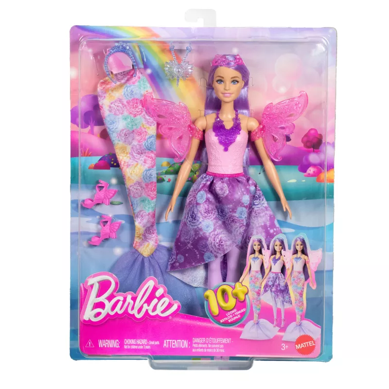 Zestaw modowy Barbie Fantasy z akcesoriami, w tym syrenim ogonem, skrzydłami wróżki i naszyjnikami