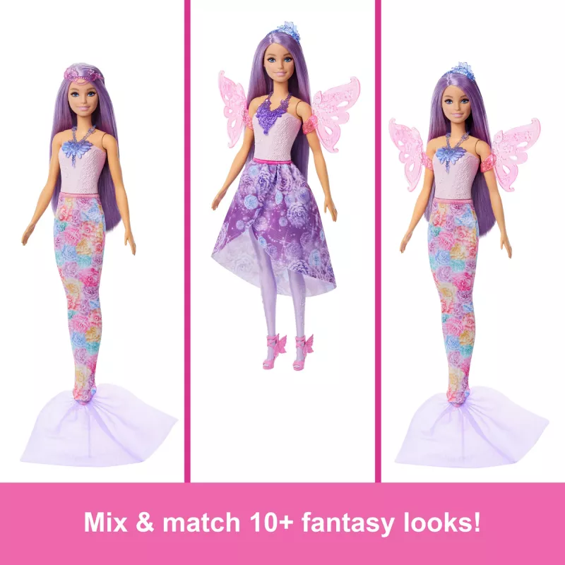 Zestaw modowy Barbie Fantasy z akcesoriami, w tym syrenim ogonem, skrzydłami wróżki i naszyjnikami