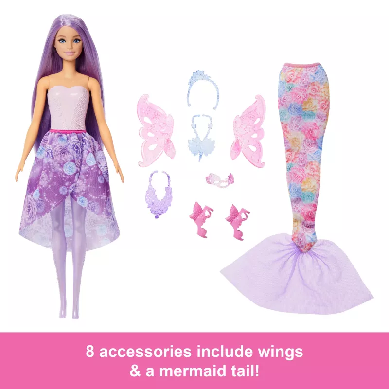 Zestaw modowy Barbie Fantasy z akcesoriami, w tym syrenim ogonem, skrzydłami wróżki i naszyjnikami
