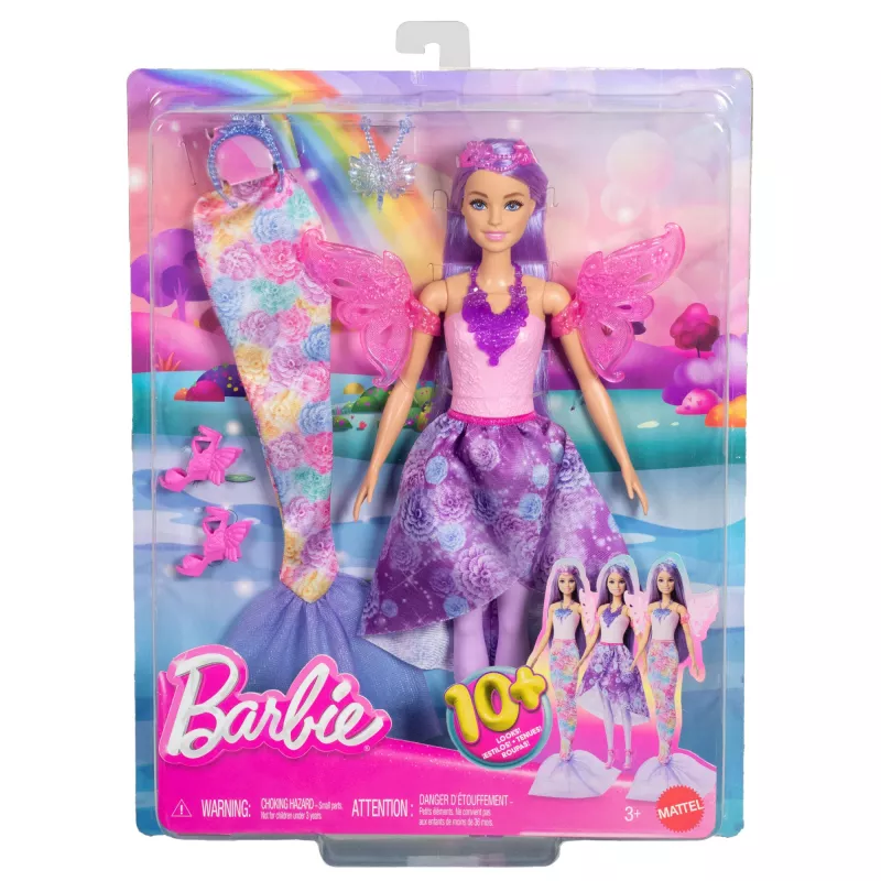 Zestaw modowy Barbie Fantasy z akcesoriami, w tym syrenim ogonem, skrzydłami wróżki i naszyjnikami