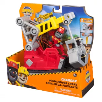 Crane truck Spin Master Rubble & Crew Charger's Mega Power Crane z figurką Chargera, 2 odłączane narzędzia, tworzywo sztuczne, dla dzieci od 3 lat