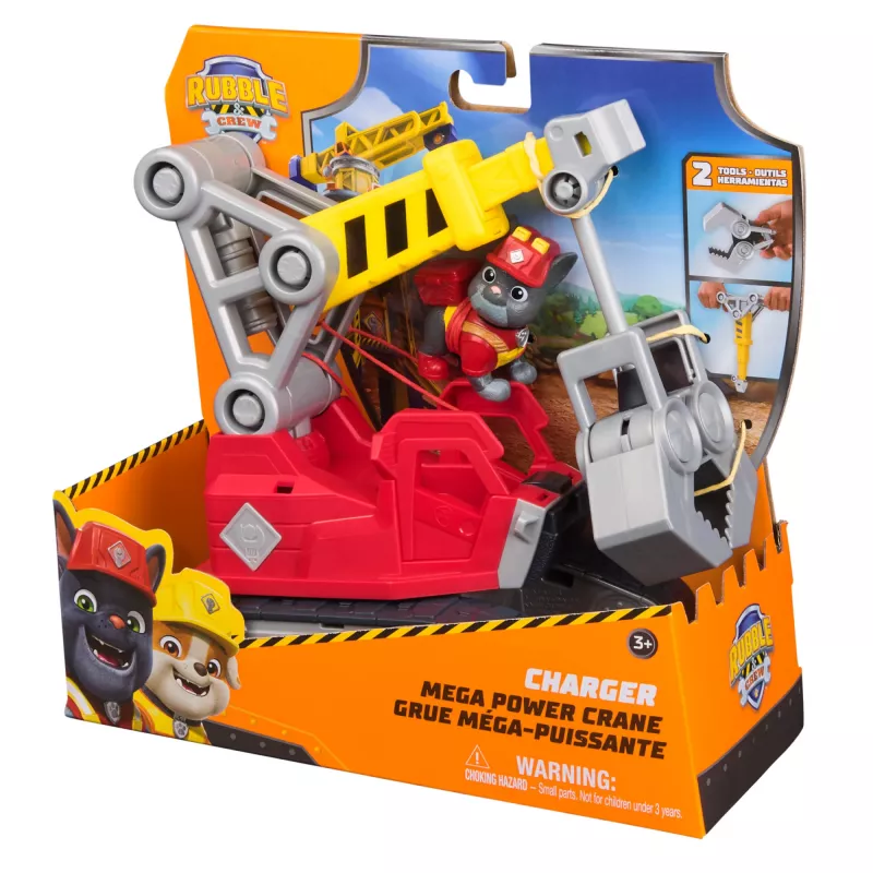 Crane truck Spin Master Rubble & Crew Charger's Mega Power Crane z figurką Chargera, 2 odłączane narzędzia, tworzywo sztuczne, dla dzieci od 3 lat