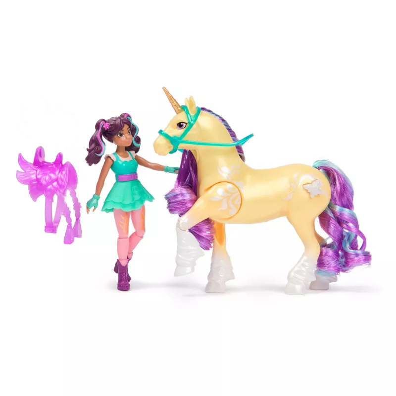 Unicorn Academy, Ava i Liść Magii Roślin ze Świetlistym Efektem, 2 Akcesoria Jeździeckie, Lalki i Zabawki z Jednorożcami dla Dziewczynek od 4 lat