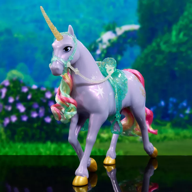 Spin Master Unicorn Academy Wildstar figurka jednorożca 11 cali z przezroczystym siodłem i uzdą, wielokolorowa, plastikowa, dla dzieci od 4 lat