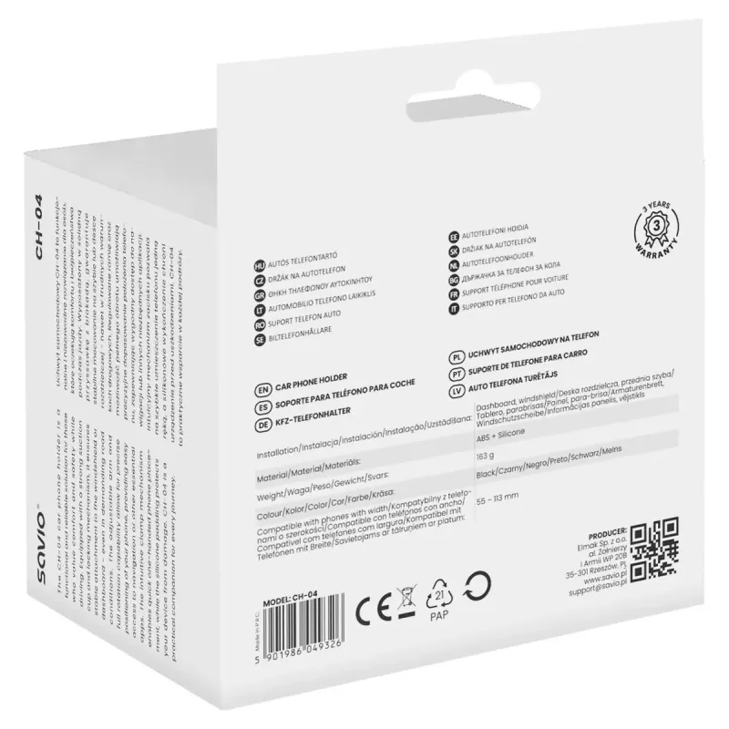 Uchwyt na telefon SAVIO CH-04, silikon, czarny, trwałe akcesorium ochronne, waga 163 g