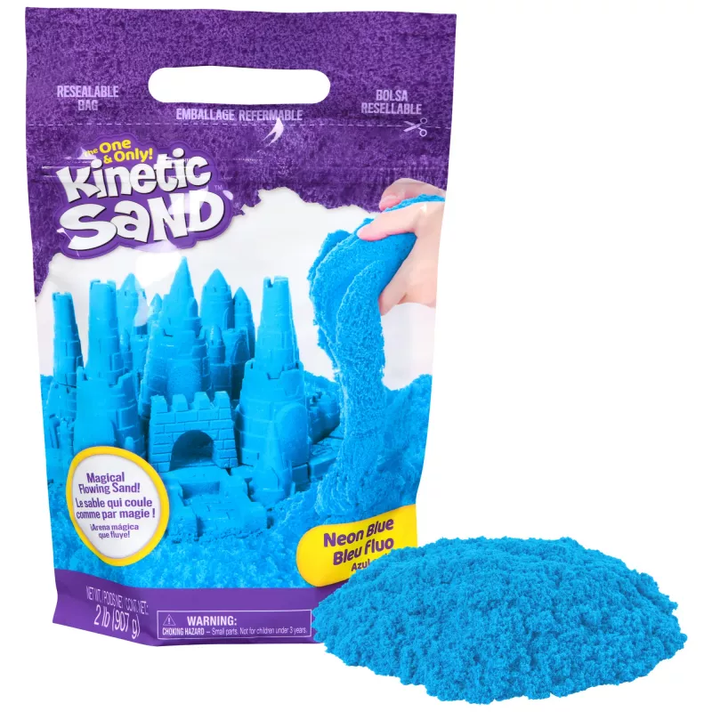 Kinetic Sand, 2 funty niebieskiego piasku do zabawy, formowalne zabawki sensoryczne dla dzieci, zamykana torebka (opakowanie może się różnić), dla dzieci od 3 lat