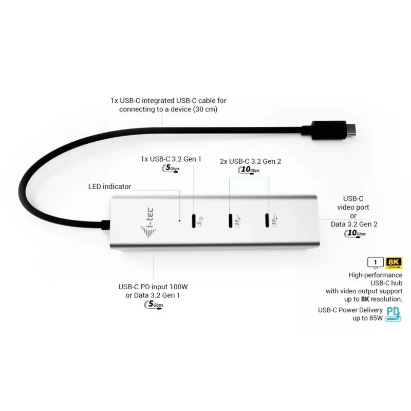 i-tec Metal USB-C Charging HUB 5port z wideo USB-C 8K + Power Delivery 85W