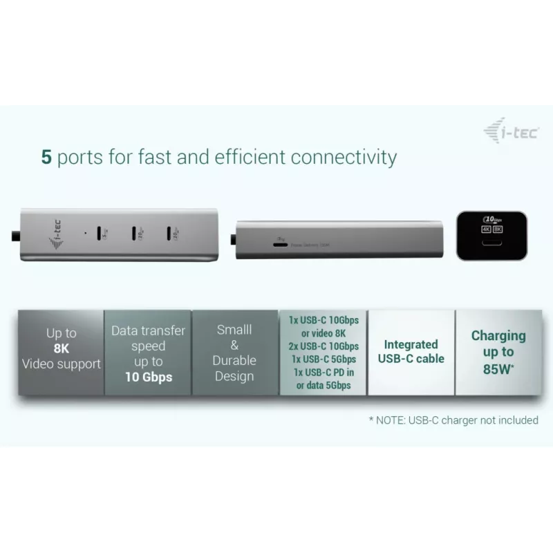 i-tec Metal USB-C Charging HUB 5port z wideo USB-C 8K + Power Delivery 85W