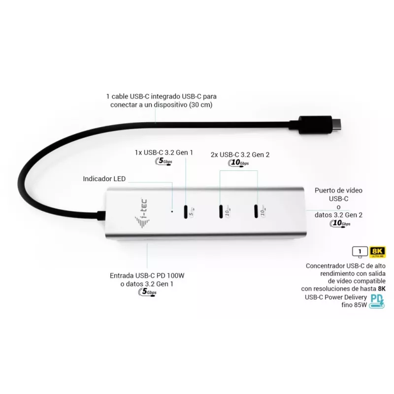 i-tec Metal USB-C Charging HUB 5port z wideo USB-C 8K + Power Delivery 85W