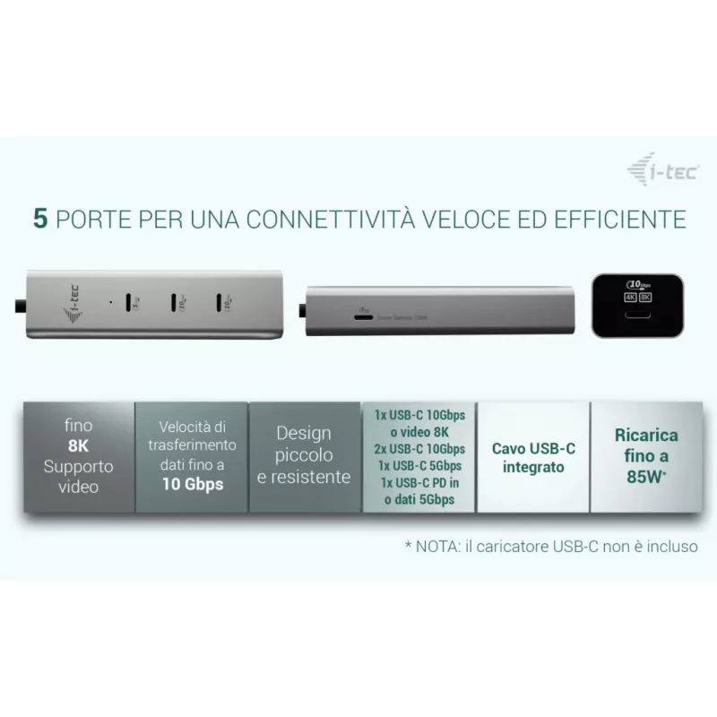 i-tec Metal USB-C Charging HUB 5port z wideo USB-C 8K + Power Delivery 85W