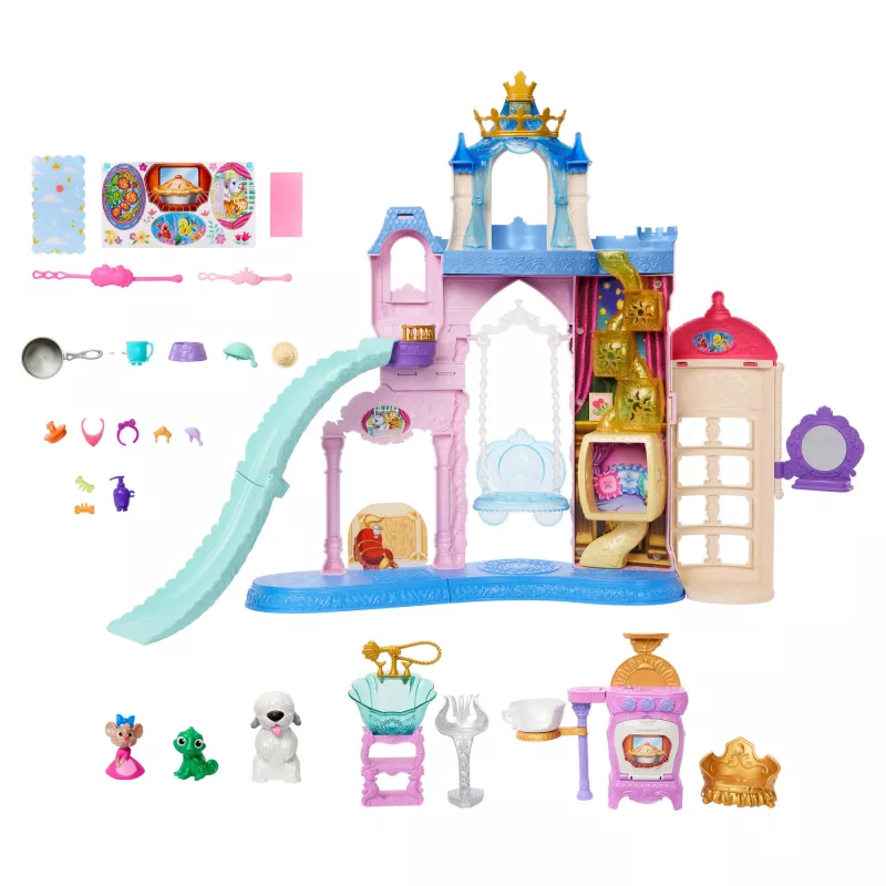 Zestaw Disney Princess Pet Palace z 7 strefami zabawy, 3 zwierzęcymi przyjaciółmi i ponad 20 meblami i akcesoriami