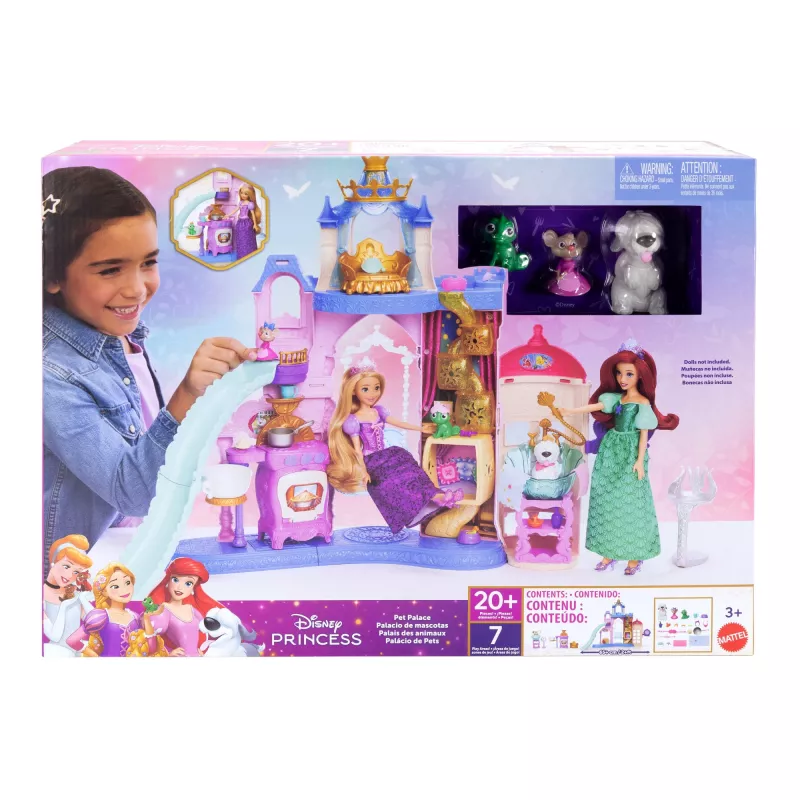 Zestaw Disney Princess Pet Palace z 7 strefami zabawy, 3 zwierzęcymi przyjaciółmi i ponad 20 meblami i akcesoriami