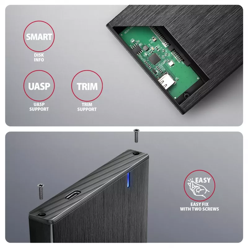 Axagon EE25-XA6C Kompaktowa aluminiowa obudowa zewnętrzna USB-C 5 Gb/s – SATA 6G na dyski 2,5 inch SSD/HDD