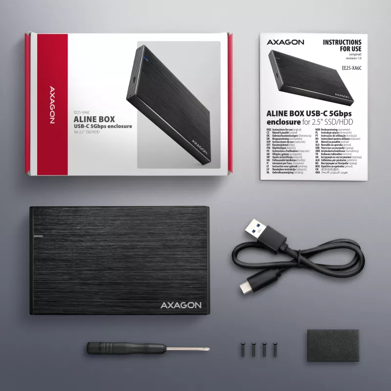 Axagon EE25-XA6C Kompaktowa aluminiowa obudowa zewnętrzna USB-C 5 Gb/s – SATA 6G na dyski 2,5 inch SSD/HDD