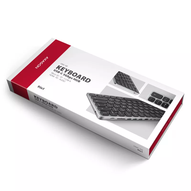 Axagon HMC-KB-NRD, Hub USB 5 Gb/s z klawiaturą, HDMI 4K/60Hz, 3x USB-A, SD/microSD, audio, PD100, układ nordycki