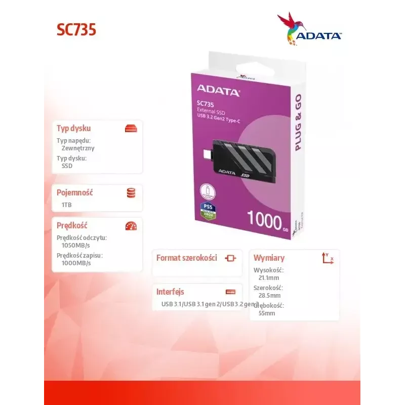 Dysk SSD ADATA 1 TB zewnętrzny 2,5 cala U3.2C SC735