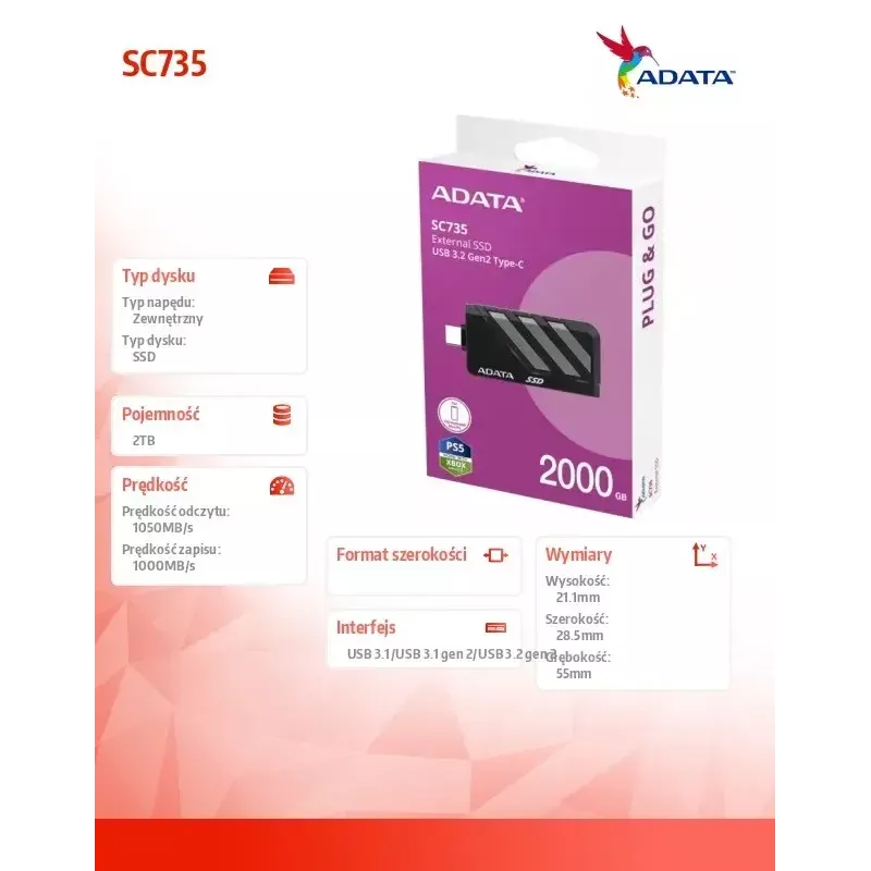 Dysk SSD ADATA 2TB zewnętrzny SC735 U3.2C szary