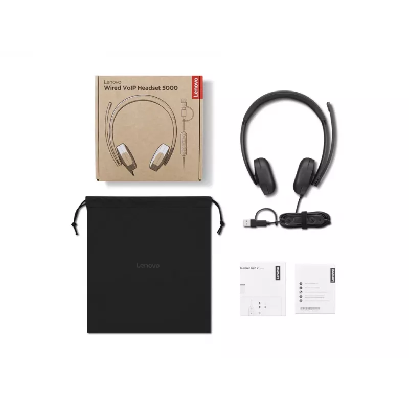 Lenovo VoIP Headset 5000 Przewodowy Head-band Do biura/Call center USB Type-C Czarny