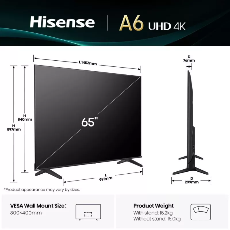 Telewizor Hisense 65A6Q 165,1 cm (65 cale) 4K Ultra HD Smart TV Wi-Fi Czarny 330 cd/m²
