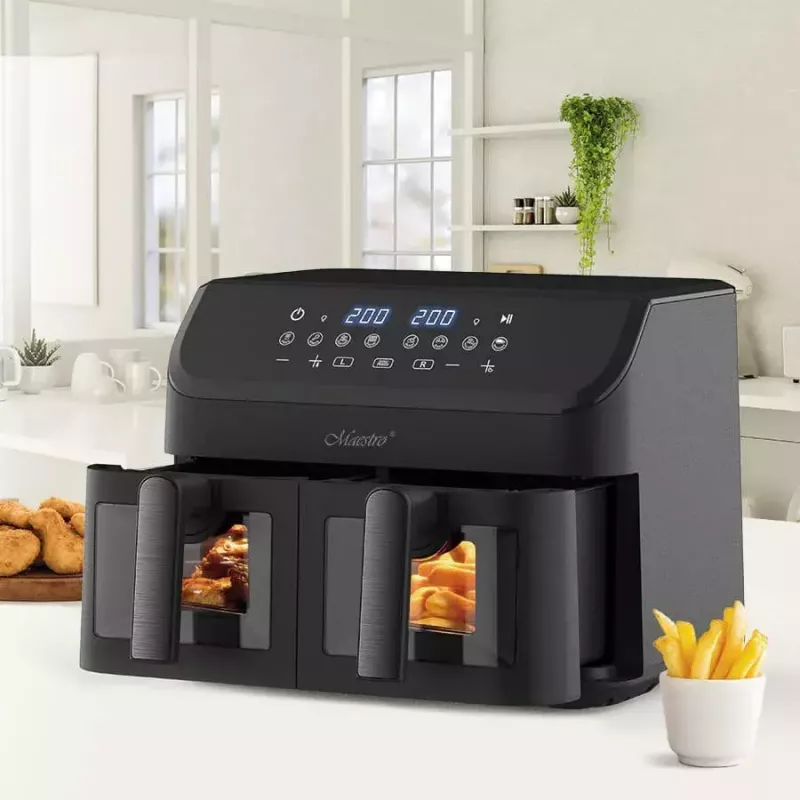 Maestro MR-758 frytkownica beztłuszczowa z dwoma koszami, 2 x 4,5 l (9 l), 2000 W, 80–200°C, 8 programów, czarna