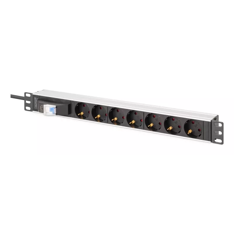 DIGITUS PDU - 1U aluminiowa listwa rack z 7 gniazdami bezpieczeństwa 16A 4000W 250VAC 50/60Hz 1x wyłącznik nadprądowy
