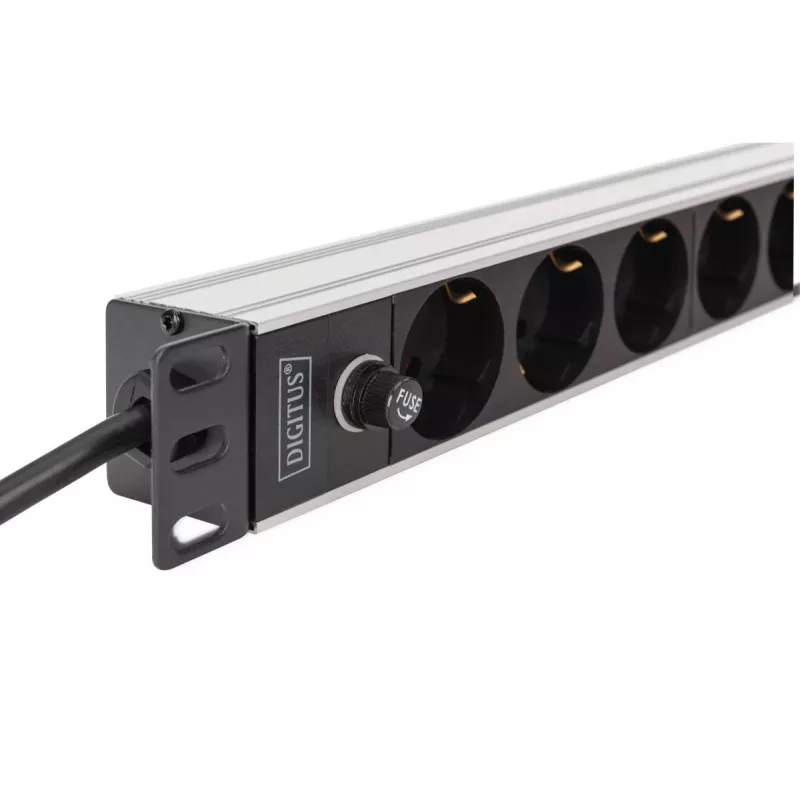 DIGITUS PDU - 1U aluminiowa listwa rackowa 8x gniazdo CEE 7/7 1x gniazdo wtyczka 10A 250VAC 50/60Hz wtyczka IEC C14 z bezpiecznikiem wstępnym