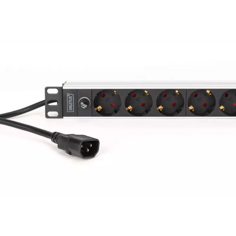 DIGITUS PDU - 1U aluminiowa listwa rackowa 8x gniazdo CEE 7/7 1x gniazdo wtyczka 10A 250VAC 50/60Hz wtyczka IEC C14 z bezpiecznikiem wstępnym