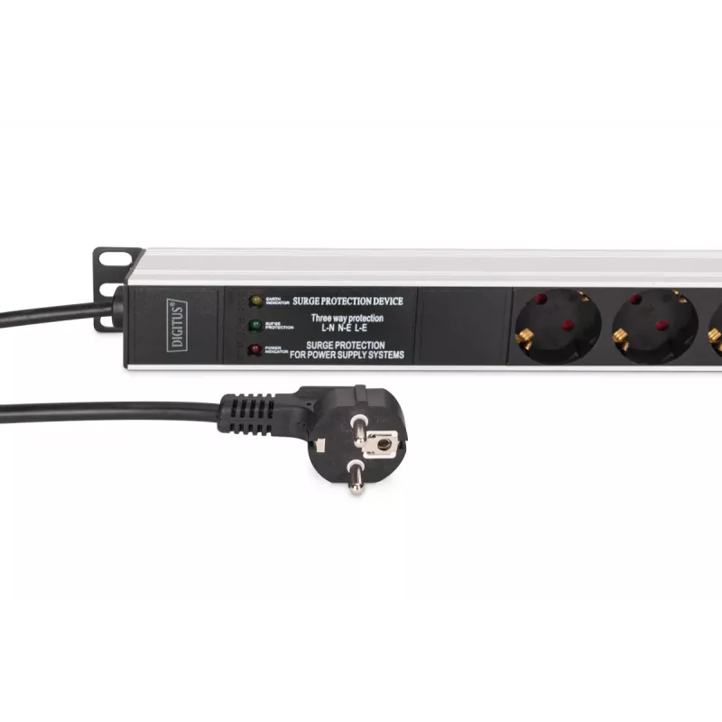 DIGITUS PDU - Aluminiowa listwa zasilająca montowalna w racku z filtrem częstotliwości 2m 16A 3600W 230VAC 50/60Hz 7x bezpiecznik 2x gniazdo