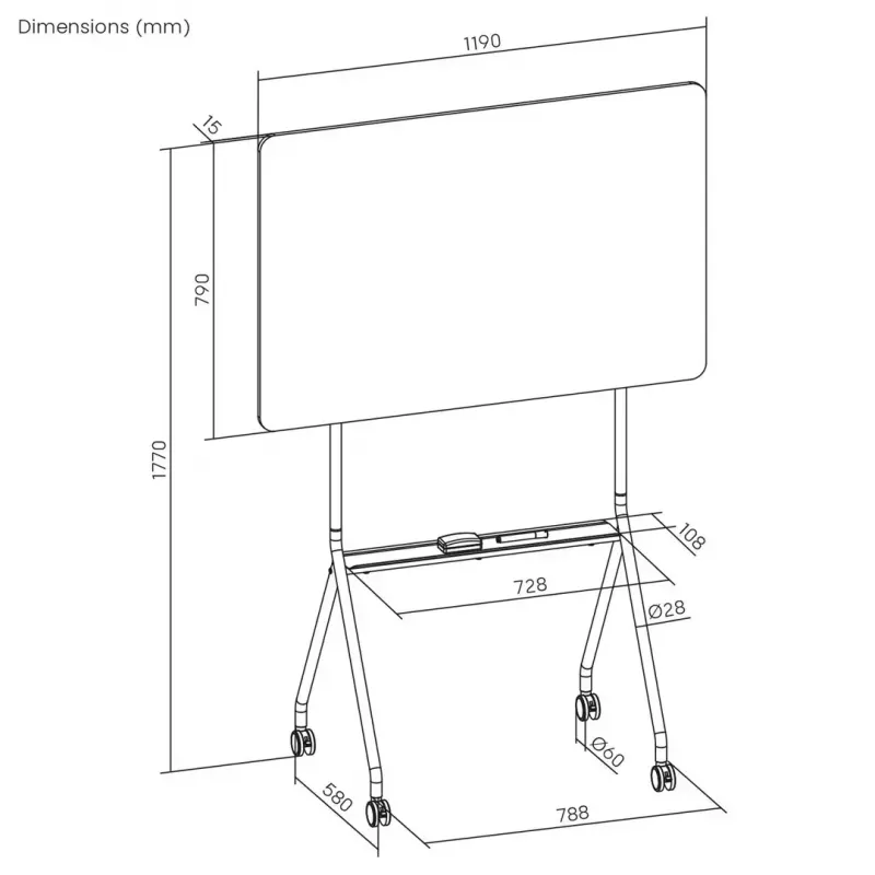 Tablica suchościeralna ergo office ER-306 — jednostronna pozioma, 1190×790 mm, wolnostojąca stalowa z kółkami, magnetyczna