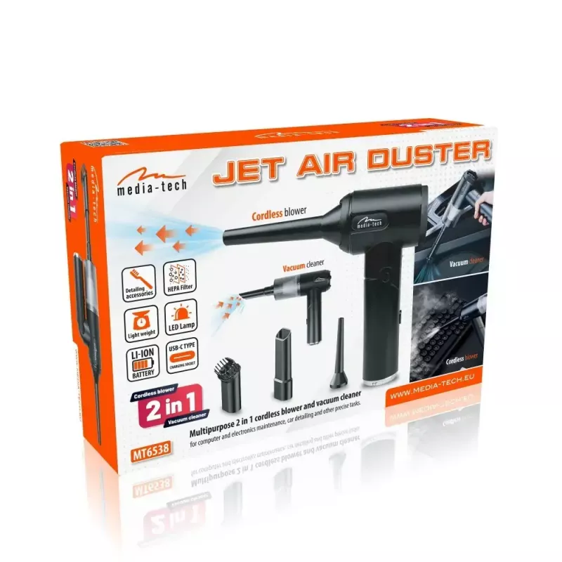 Mini dmuchawa MEDIA-TECH MT6538 2 W 1 Jet Air Duster — bezprzewodowy ręczny czyścik, 2000 mAh, 65 W, 2500 l/min, 7000 Pa
