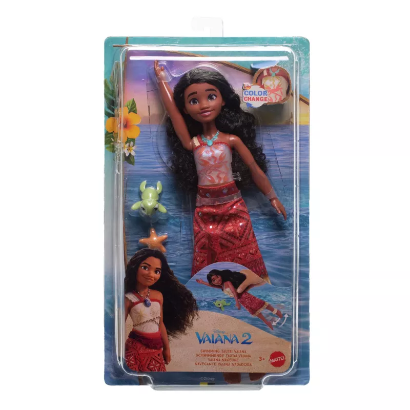 Disney Vaiana 2 Zabawki, Pływająca lalka Tautai Vaiana z 2 akcesoriami i zmieniającym kolor stanikiem