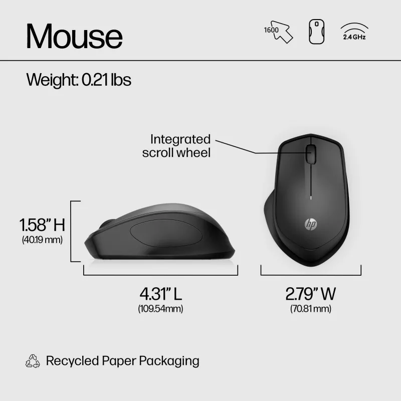 HP 280 Silent Wireless mysz, praworęczna, optyczna, RF bezprzewodowa, czarna