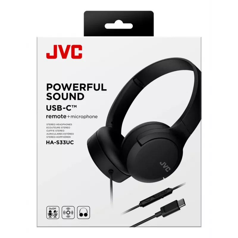 Zestaw słuchawkowy JVC HA-S33UC binauralny przewodowy, pałąk nagłowny, 2 przetworniki 29,7 mm, 20–20000 Hz, kabel 1,2 m, mikrofon wbudowany, czarny